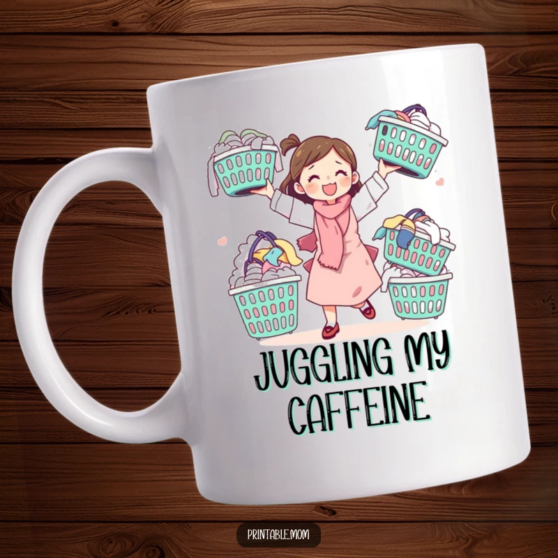 Funny mug showing a cute mom character humorously juggling multiple overflowing laundry baskets, depicting the chaos of motherhood.