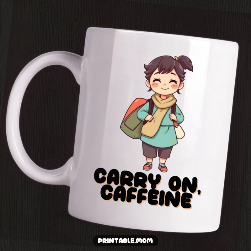 Funny mug featuring a mom character balancing multiple bags with a determined grin, showcasing her multitasking prowess, a perfect gift.