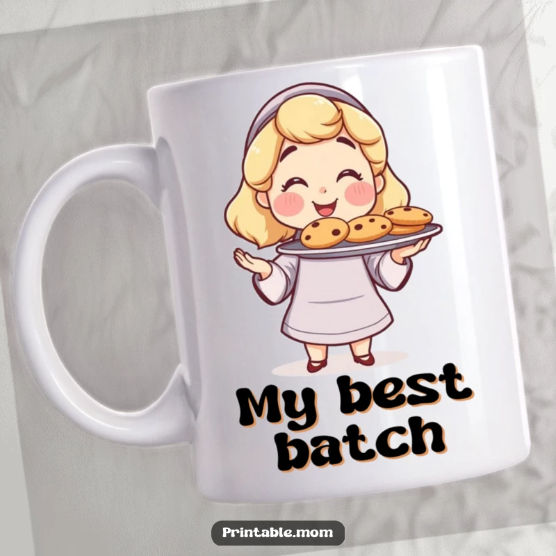 Funny Mom Mug: A proud mom character offers a plate of freshly baked cookies, a sweet and funny gift.