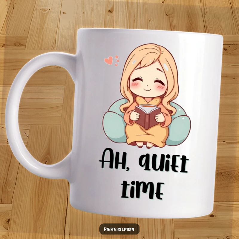 Funny mug showing a content mom character exhaling with a happy sigh, enjoying a quiet moment with a book and a cup of tea.