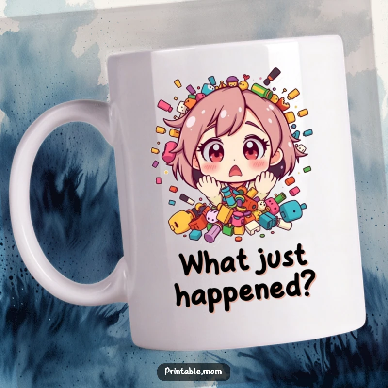 Funny mug showing a mom character with exaggeratedly wide eyes, looking stunned at a sudden, massive explosion of toys.