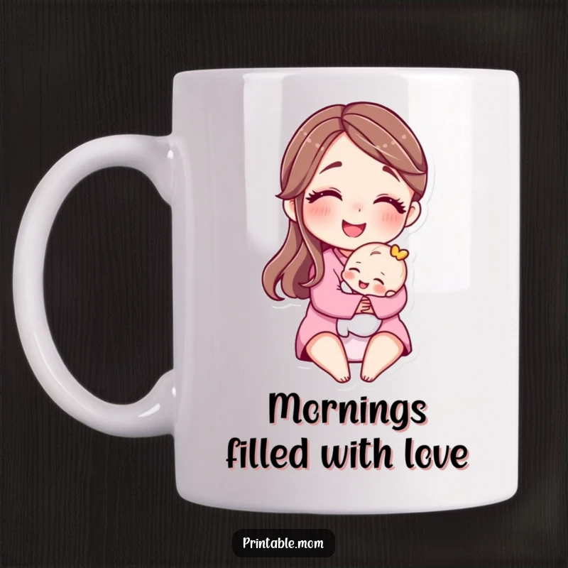 Funny mug showing a tender motherly character with a big smile embracing a tiny baby with affection.