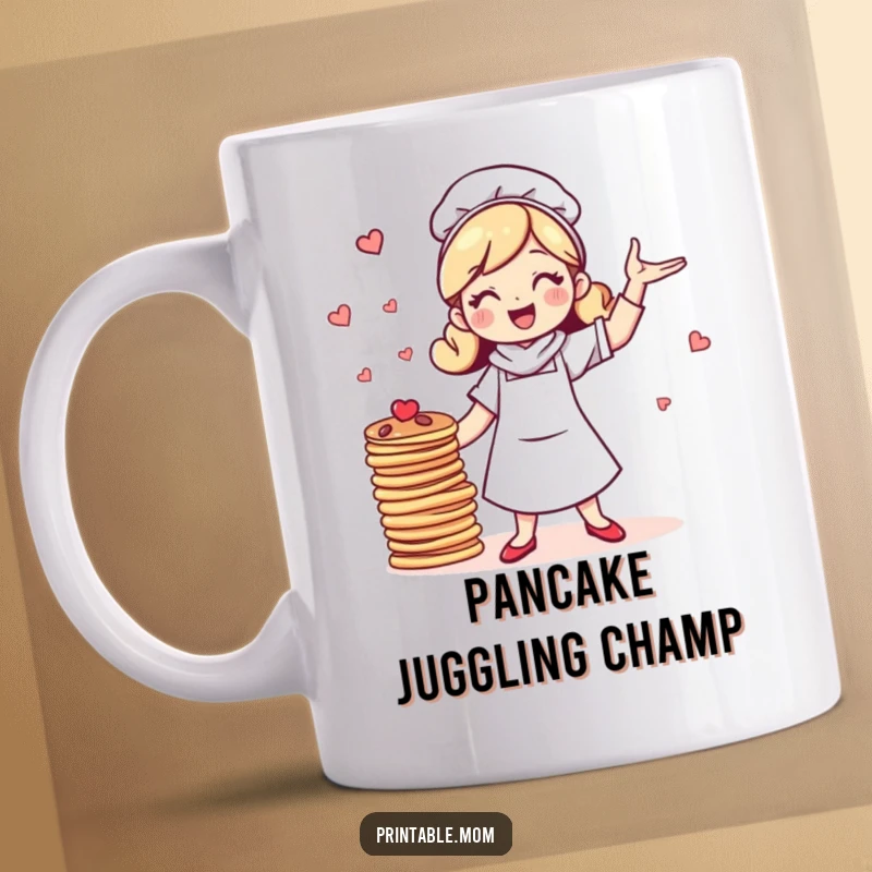 Funny mug featuring a cheerful, bubbly mom character energetically juggling a tall stack of golden pancakes with a wide smile.