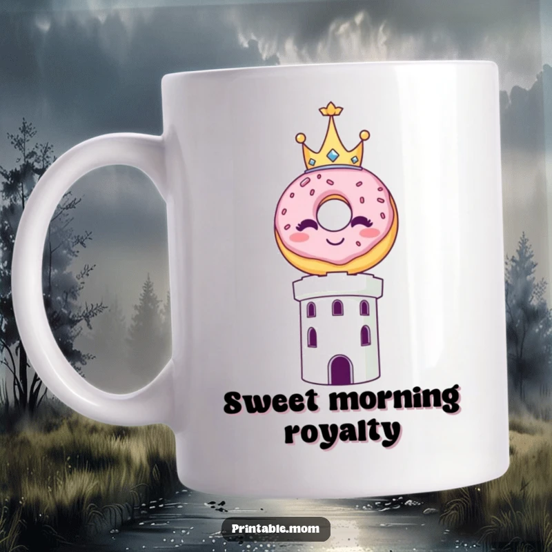 Funny mug featuring a smiling donut wearing a tiny crown, precariously balanced atop a whimsical tower.