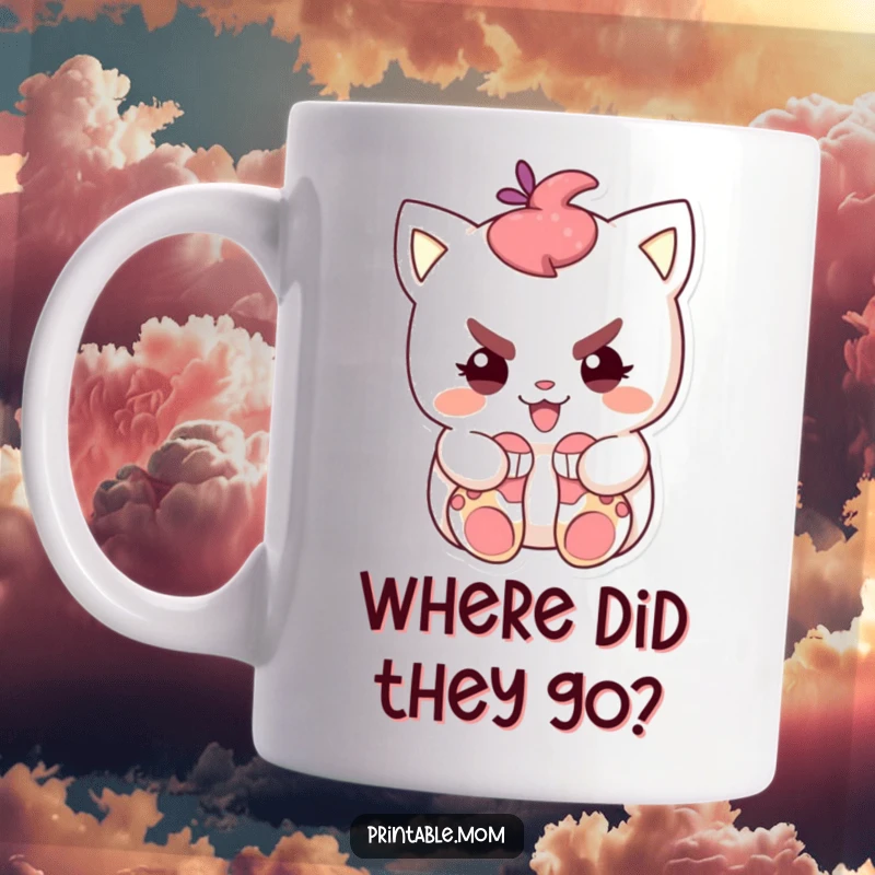 Funny mug featuring a mischievous character with a sly grin, secretly hiding a pile of tiny socks, evoking playful theft.