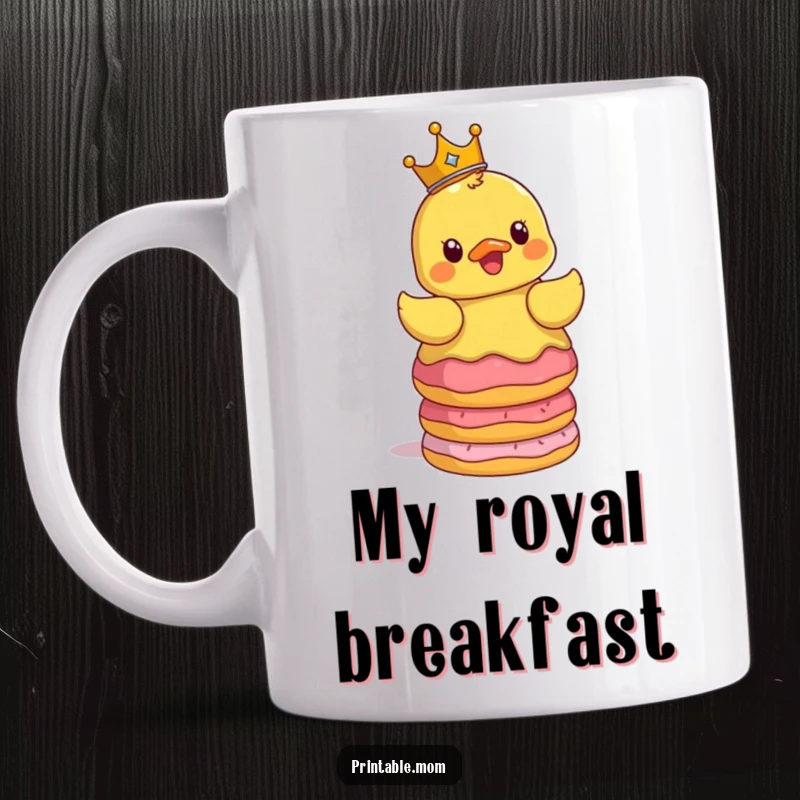 Funny mug featuring a surprised rubber ducky wearing a tiny crown, precariously balancing a large stack of colorful donuts.