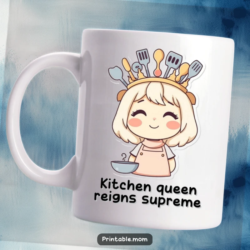 Funny mug featuring a smiling mom rocking a crown made of spatulas, whisks, and ladles, celebrating her kitchen domain.