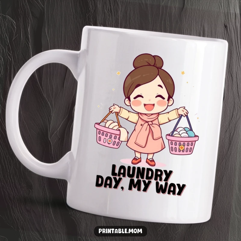 Funny mug with a happy mom character skillfully juggling multiple laundry baskets, symbolizing multitasking and household chores.