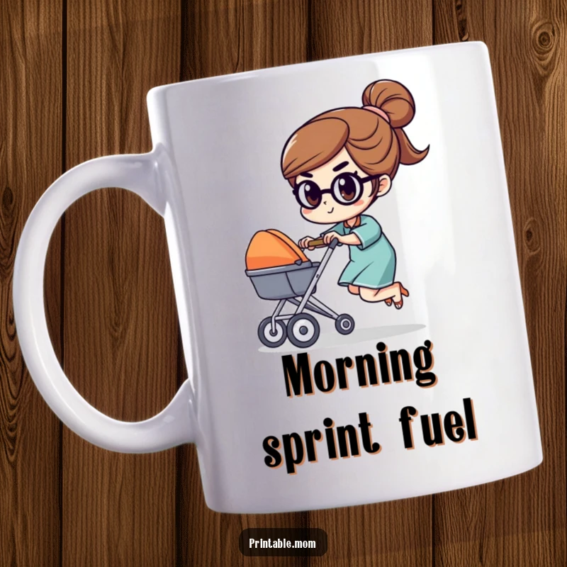 Funny mug showing a determined mom character racing a tiny stroller with a focused expression, embodying the strength and humor of motherhood.