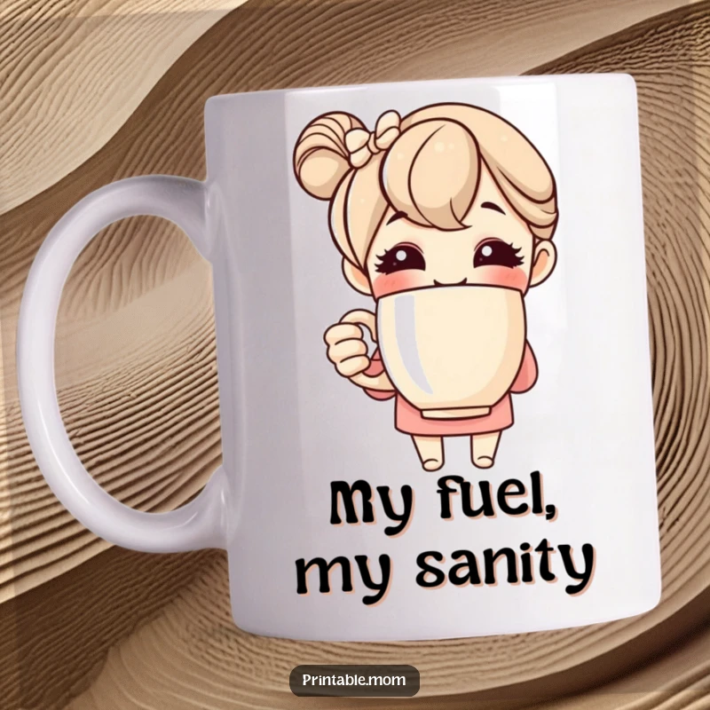 Funny mug with cheerful mom character beaming while gripping an oversized coffee cup, symbolizing morning energy and love for caffeine.