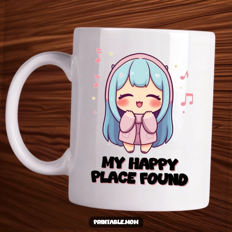 Funny Mom Mug: A joyful mom with eyes closed, humming a cheerful tune, lost in peaceful bliss.