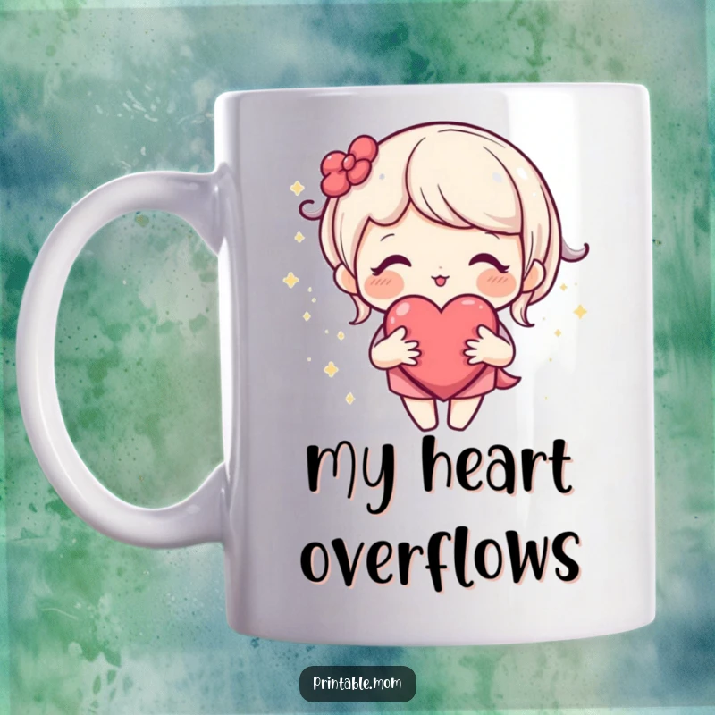 Funny mug depicting a loving mom character with an open heart, surrounded by a gentle aura of tiny sparkles, symbolizing boundless love.