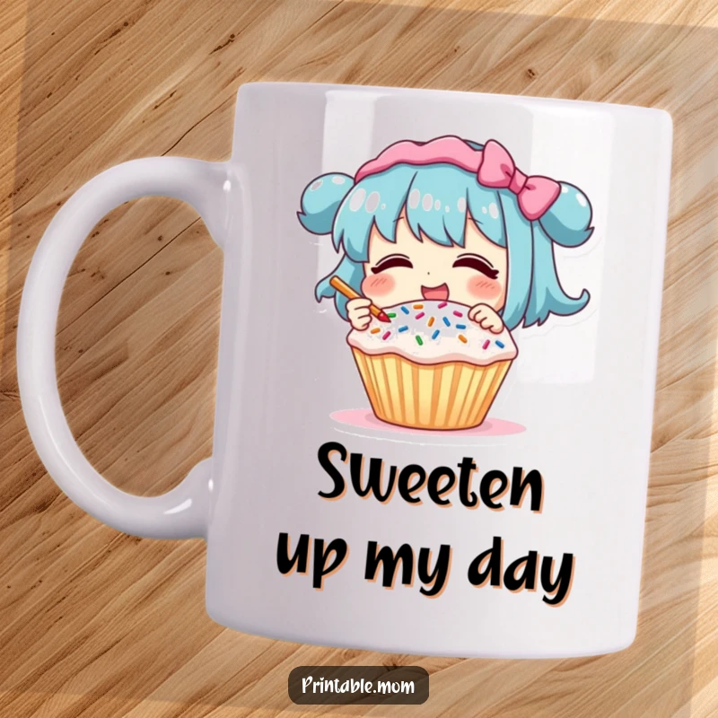 Funny Mug: Character giggling while decorating a cupcake with sprinkles, a delightful and humorous baking gift.