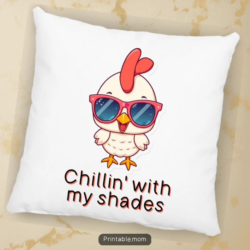 Funny and cheerful chicken wearing large, sparkly sunglasses, making this pillow a soft and humorous decorative accent