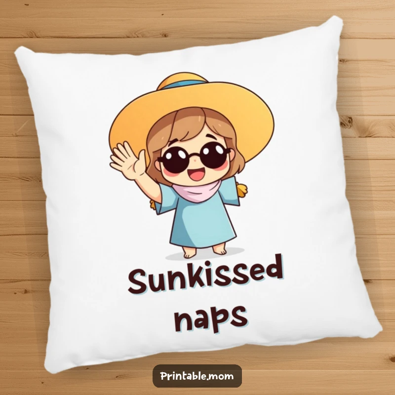 Funny pillow with a mom wearing a sun hat and waving, offering comfort and a touch of maternal cheerfulness.