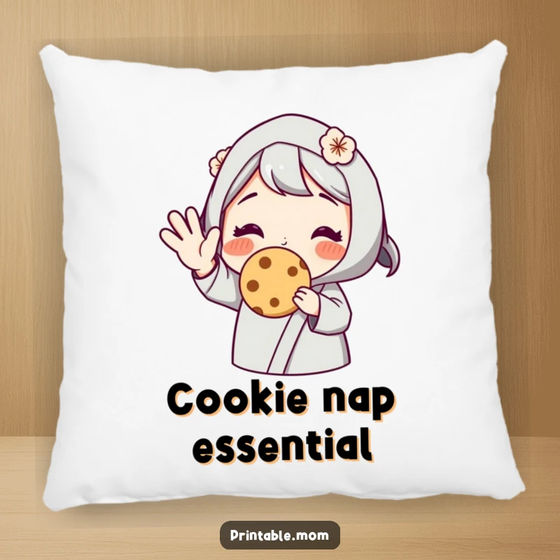 Funny pillow featuring a mom character offering a cookie with a wave, providing cozy comfort and a touch of sweetness, a charming accent.