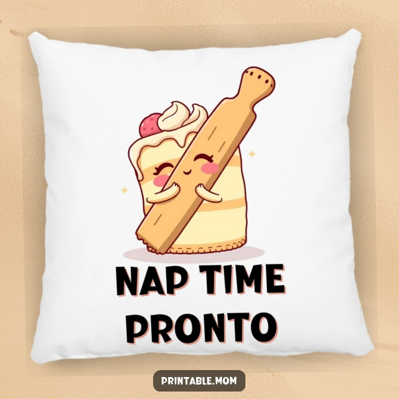 Funny Cake Pillow featuring a cheerful baked good comically hugging a giant rolling pin, a soft and humorous decorative accent.