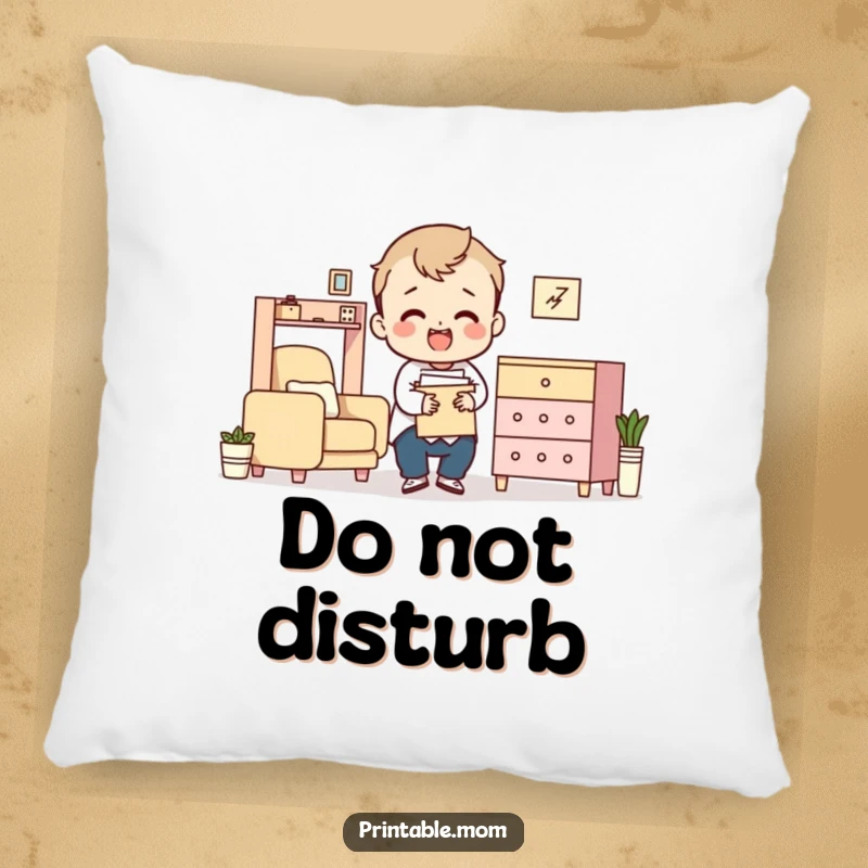 Funny pillow featuring a character looking comically exhausted while surrounded by flat-pack furniture parts.
