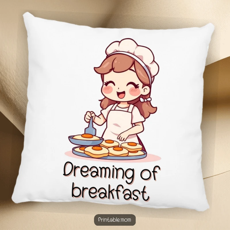 Funny Christmas pillow featuring a cheerful mom in an apron flipping pancakes, perfect for cozy decor.