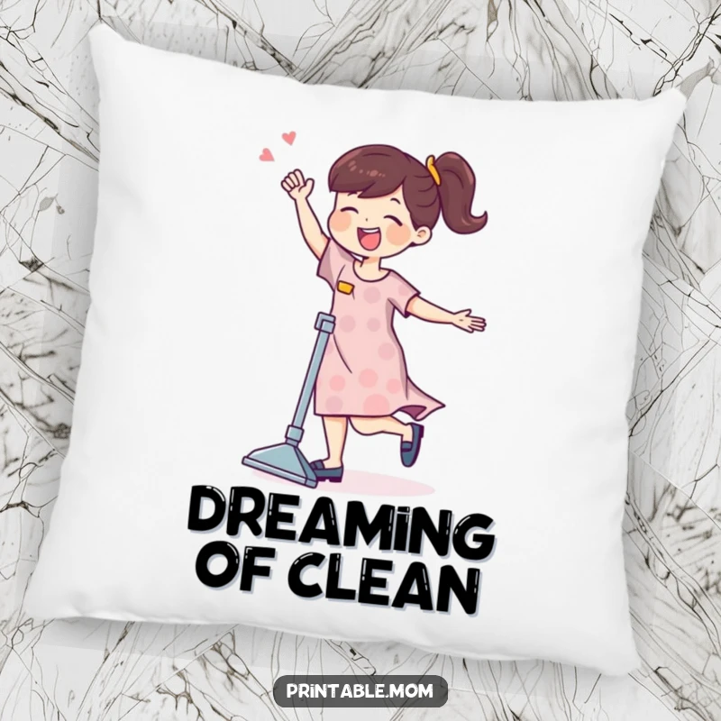 A mom character joyfully dancing with a vacuum cleaner on a soft and decorative chore pillow.