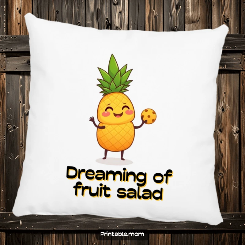 Funny Pillow of a giggling pineapple juggling small round fruit with its leafy top.