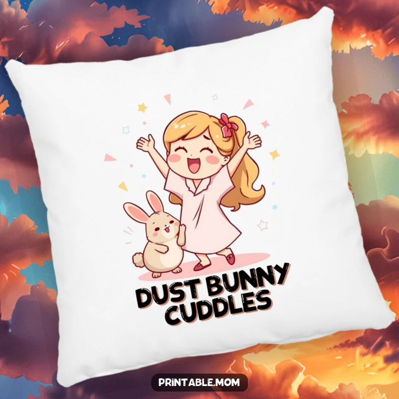 Funny decorative pillow featuring a mom performing a celebratory dance with a dust bunny, offering cozy humor.