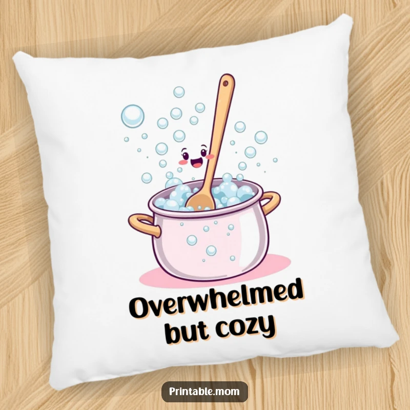 Funny Pillow showcasing a bewildered spoon stirring a comical pot overflowing with excessive bubbles.