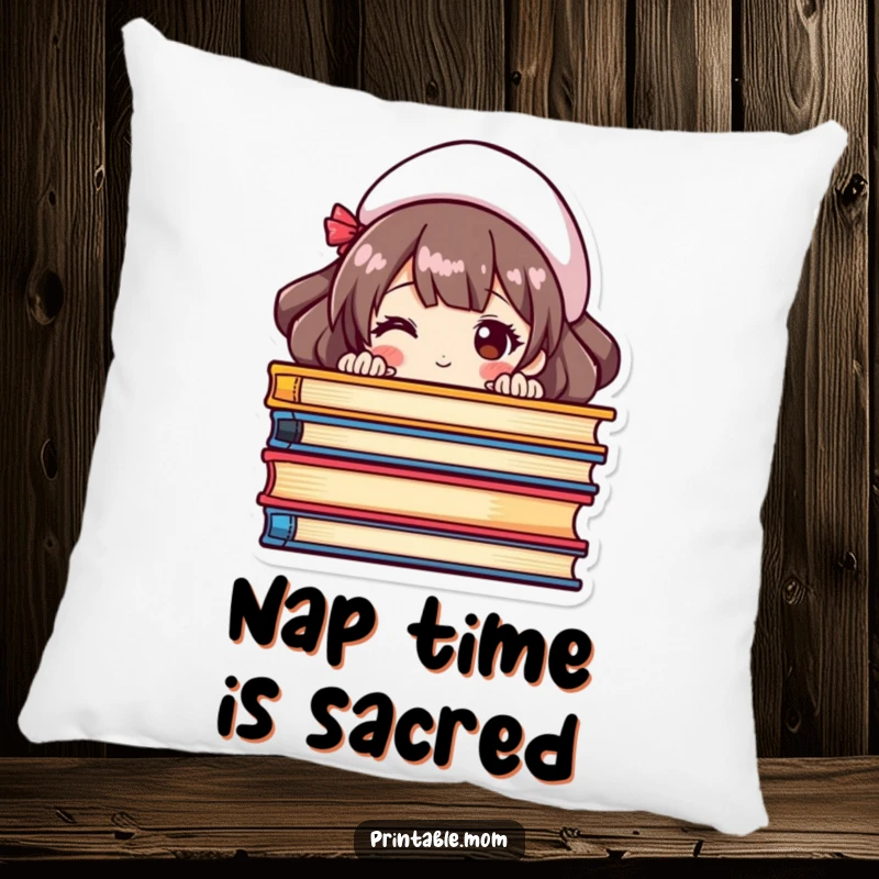 Funny pillow designed with a mom peeking from behind a stack of colorful books, adding a whimsical touch.