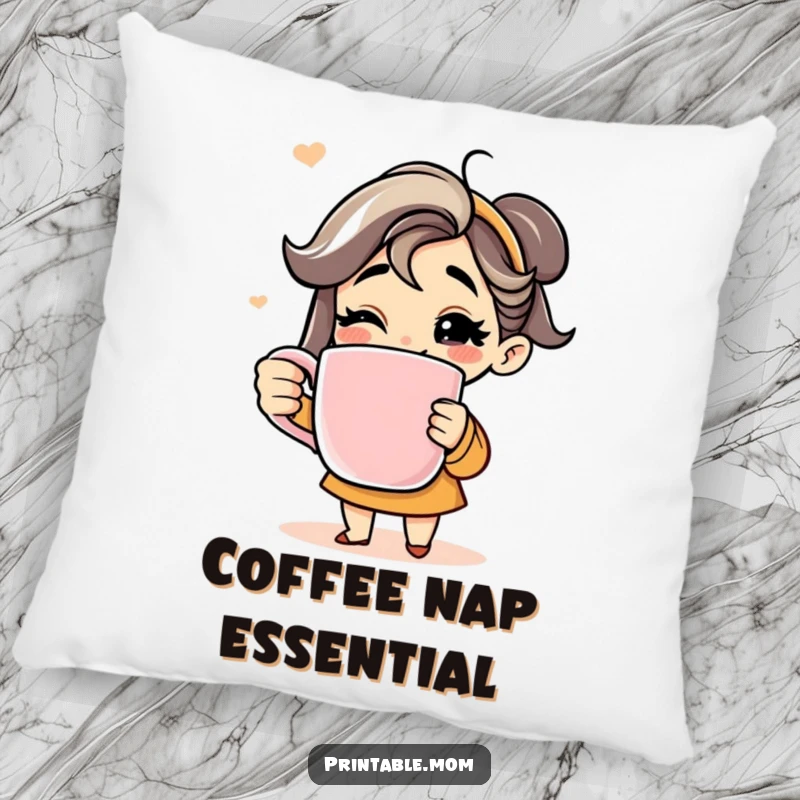 Funny pillow designed with a happy mom character holding a very large coffee mug, her wide grin radiating joy.