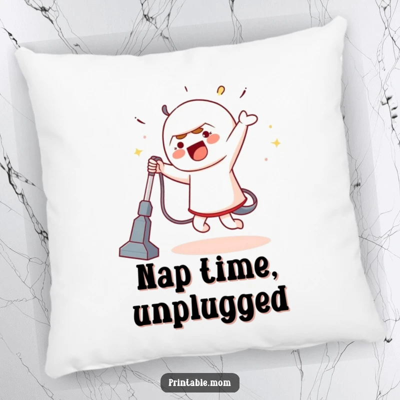 Funny pillow featuring a character dancing with a vacuum cleaner, soft and decorative, bringing humorous comfort and a playful vibe.