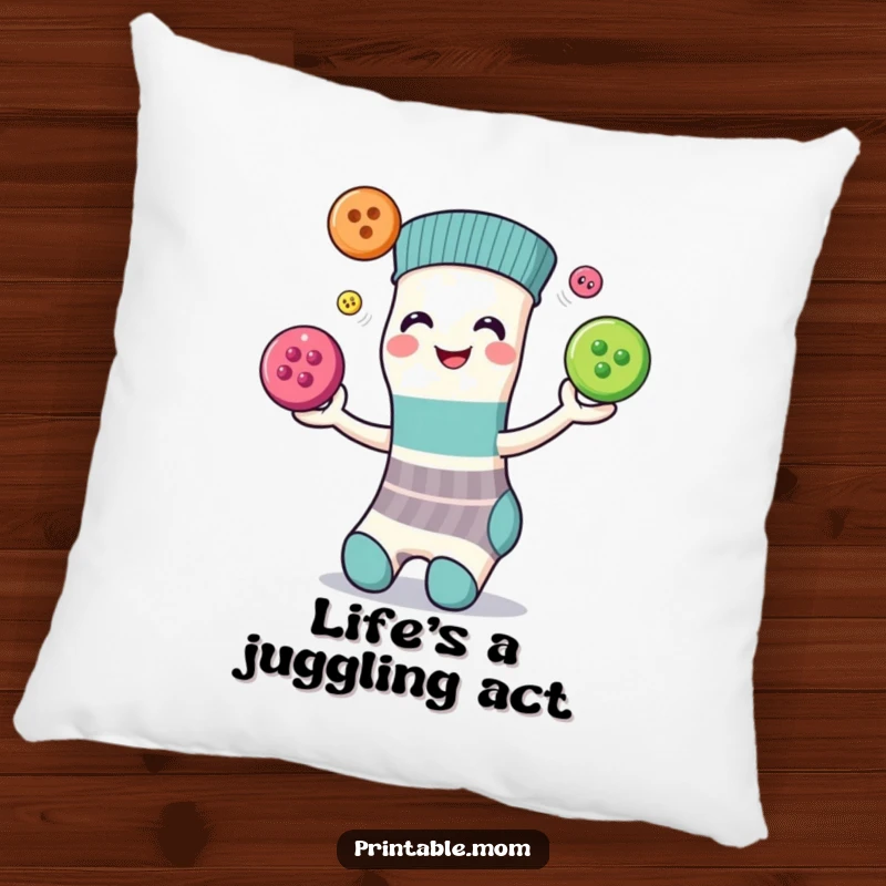 Funny pillow showing a smiling sock character juggling three colorful buttons, perfect for adding comfort and playful decor.