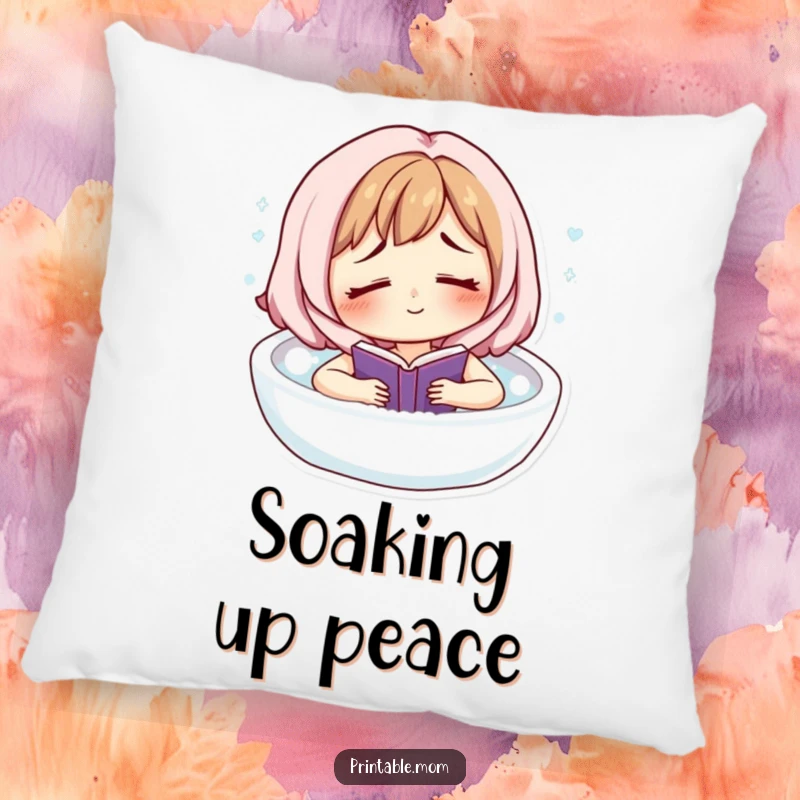 Funny pillow with a smiling, tired mom character floating in a bubble bath, engrossed in reading a book.