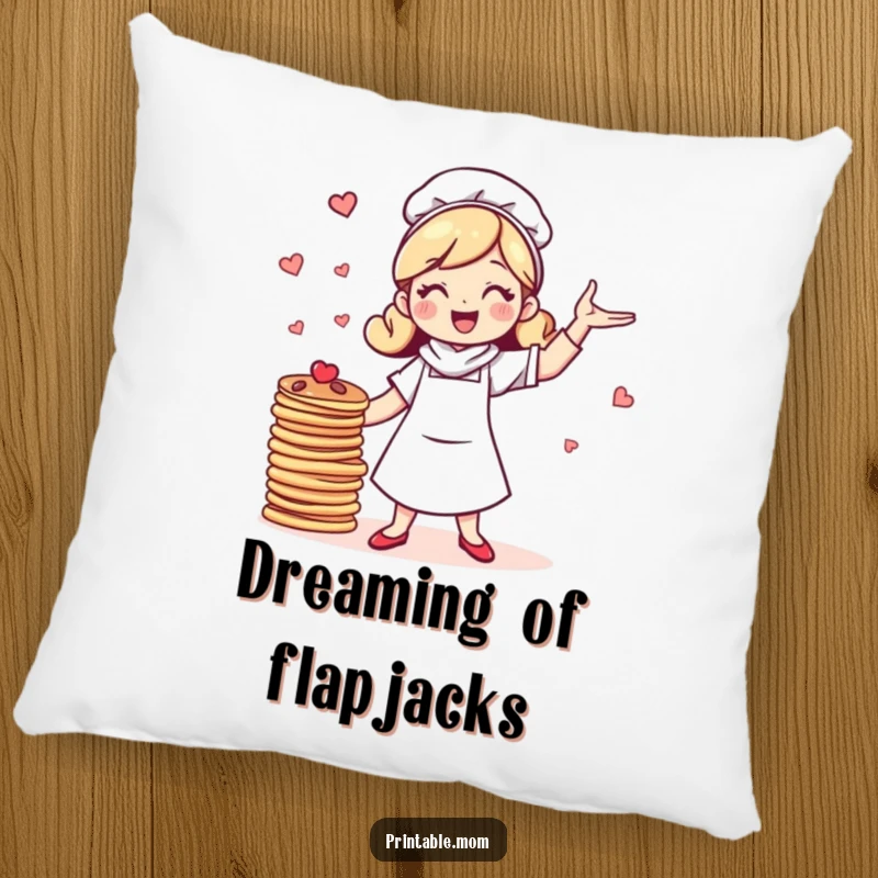 Funny pillow featuring a bubbly, cheerful mom character humorously juggling a stack of pancakes, perfect for adding a touch of fun.