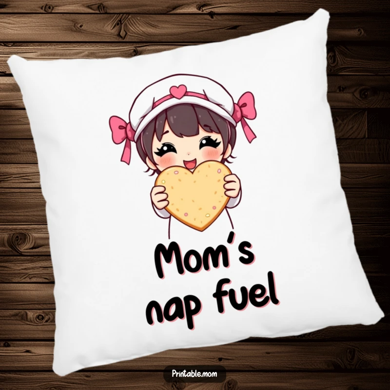 Funny pillow with a proud mom character showcasing a heart-shaped cookie, offering comfort and a touch of baking humor.