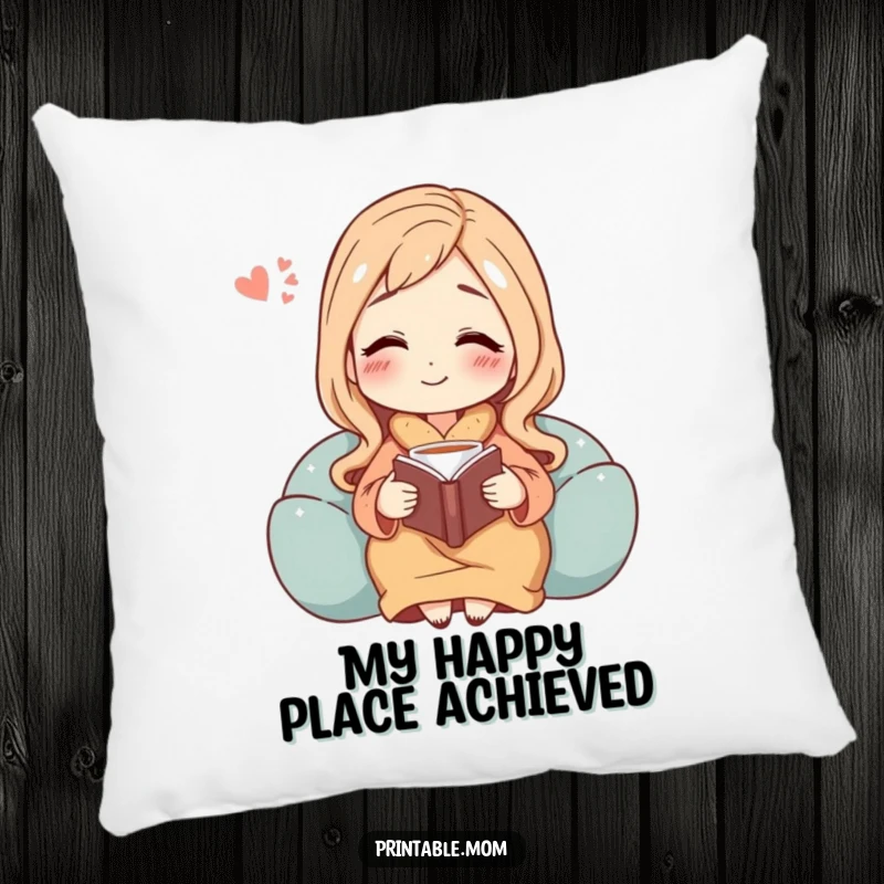 Funny pillow design of a mom character sinking into relaxation, book in hand, tea nearby, with a happy, contented sigh.