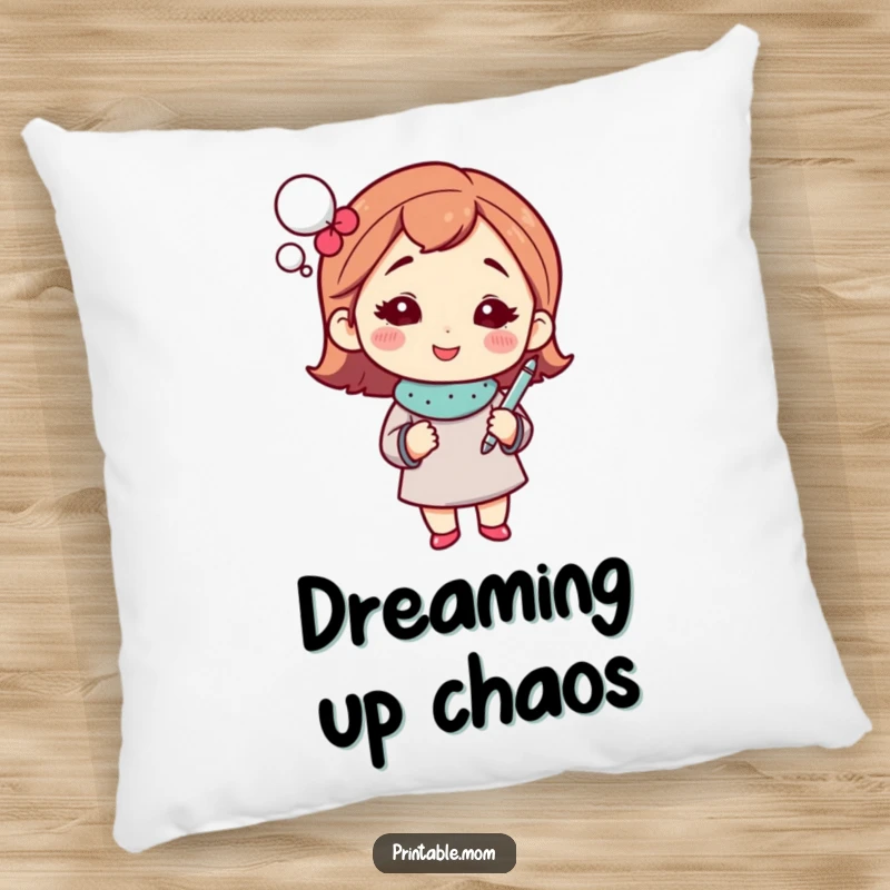 Funny mom pillow with a sparkling thought bubble and pen, offering comfort and witty decor.