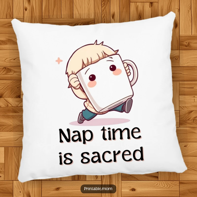 Funny Pillow: Character comically tripping while holding a giant coffee mug, a soft and humorous decorative cushion.