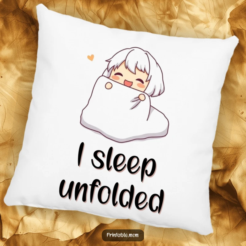 Funny Pillow: Character joyfully attempting to fold a fitted sheet, a soft and humorous decorative cushion.