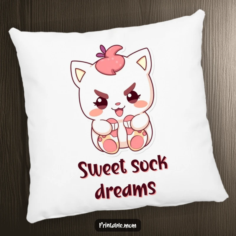 Funny pillow featuring a mischievous character hiding tiny socks, soft and decorative, bringing humorous comfort and playful vibes.