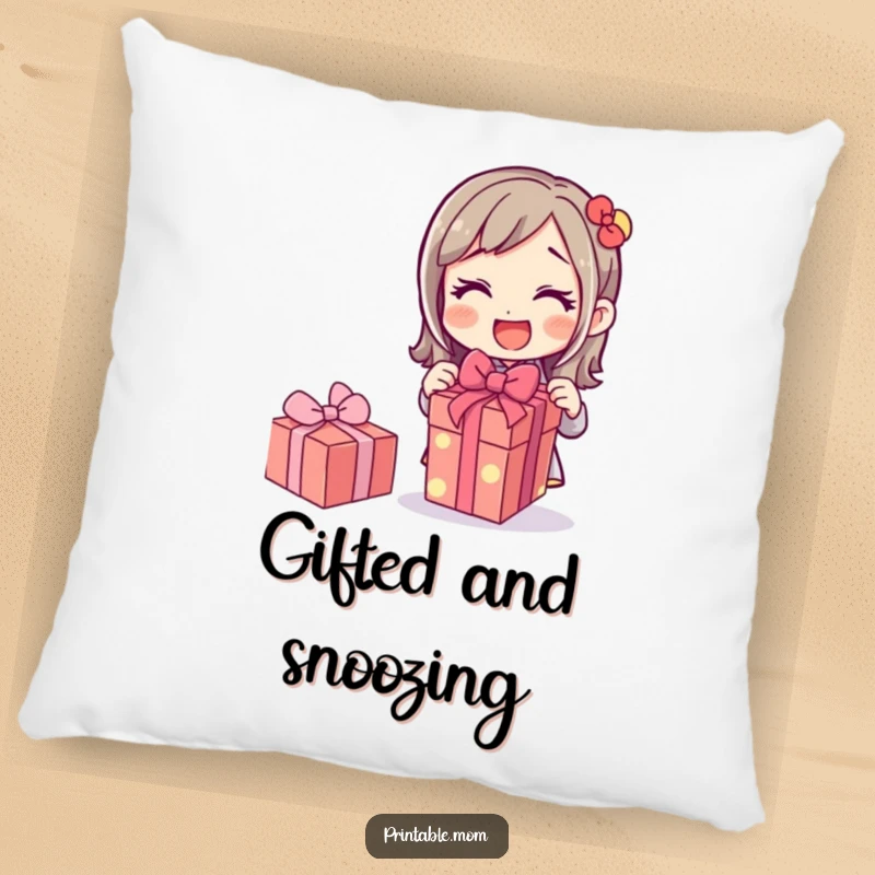 Funny pillow with a mom character joyfully unwrapping a gift, offering comfort and a reminder of happy surprises, a cozy decor item.