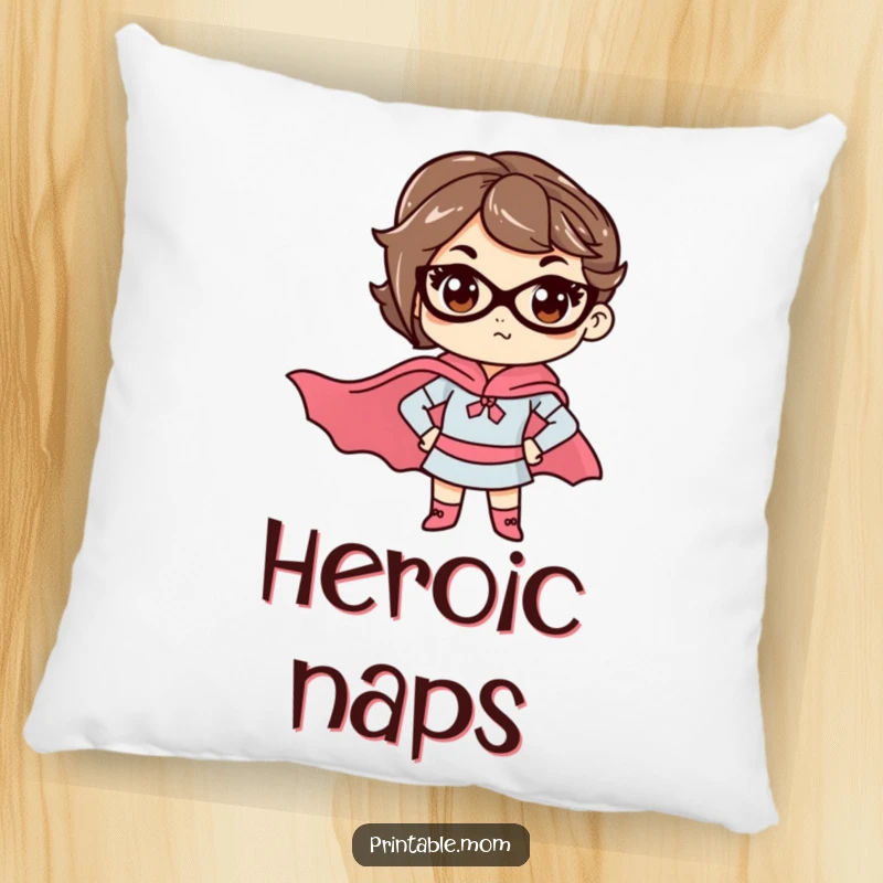 Funny mom pillow featuring a determined mom in a superhero cape, offering comfort and a touch of heroic humor.