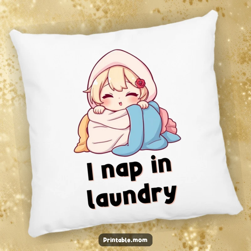 Funny Pillow: Character peeking out from behind a pile of laundry with a wink, a soft and humorous decorative cushion.