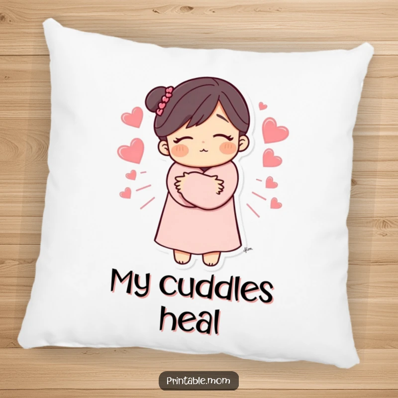 Funny Mom Pillow featuring a mom's tender hug with hearts radiating, soft and comforting, a perfect decorative and funny gift.