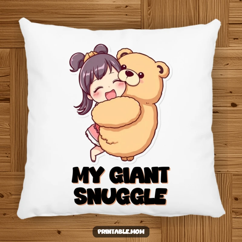Funny Mom Pillow with a mom character enthusiastically hugging a giant stuffed animal, perfect for cozy decor.