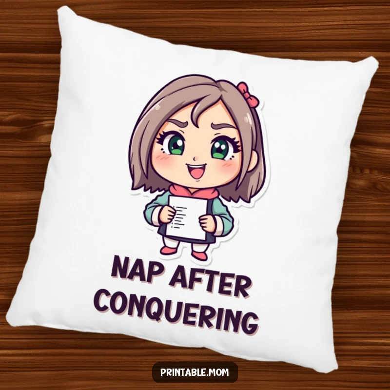 Funny Mom Pillow with a determined character ready to tackle a to-do list, offering comfort and a touch of humor, a great funny gift.
