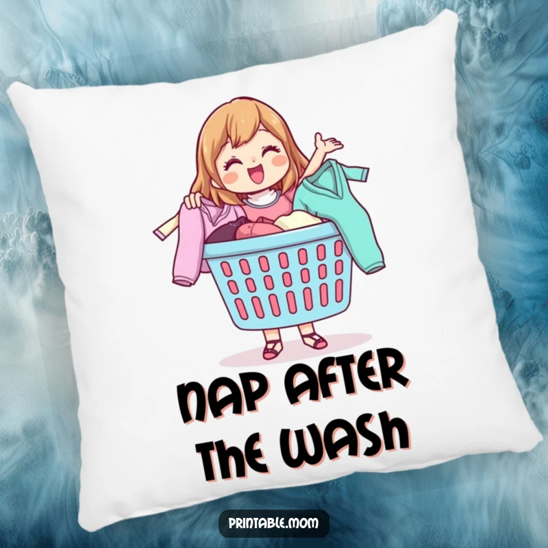 Funny pillow designed with a happy mom character joyfully tossing clothes from a laundry basket, adding humor to any room.