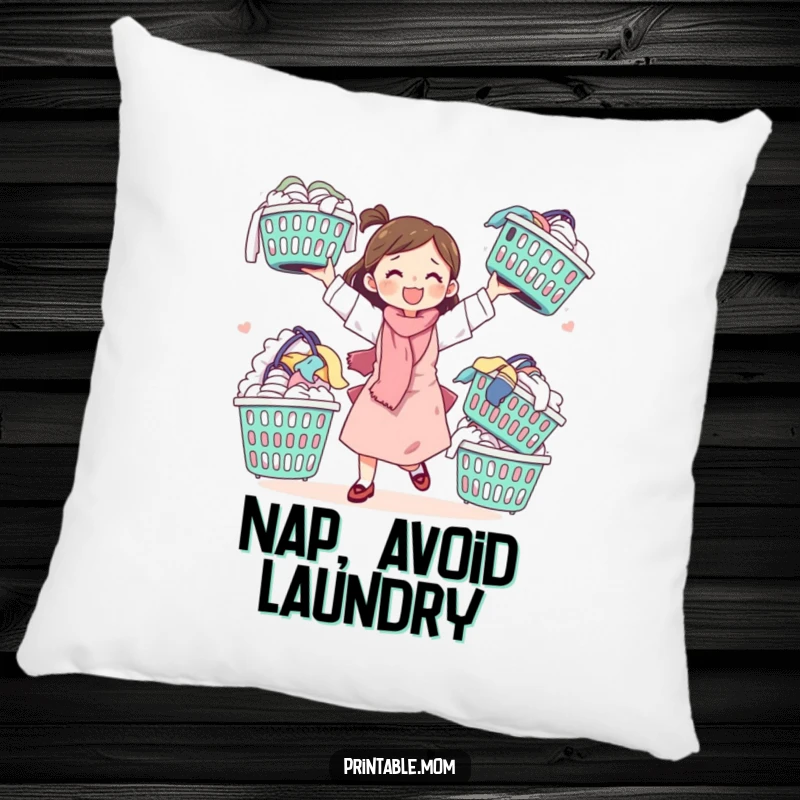 Funny pillow featuring a mom juggling laundry baskets, adding humorous comfort and a relatable touch to any room.