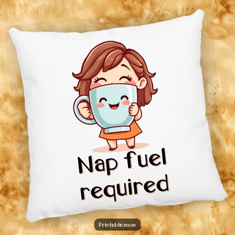 Funny pillow featuring a smiling mom holding a giant coffee mug, perfect for cozy decor.