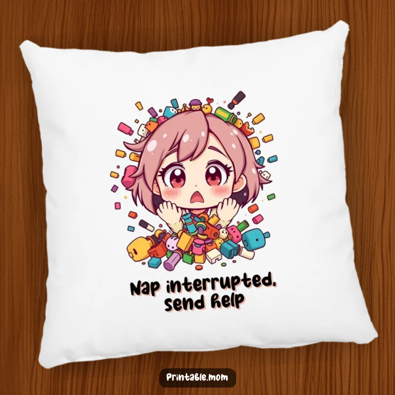 Funny pillow design showing a mom character with comically wide eyes, stunned by a delightful explosion of scattered toys.