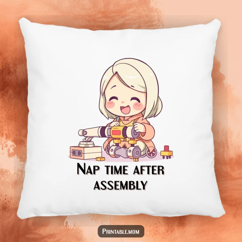 Funny pillow featuring a giggling mom character delightedly assembling a complicated toy, offering comfort and humorous parenting charm.